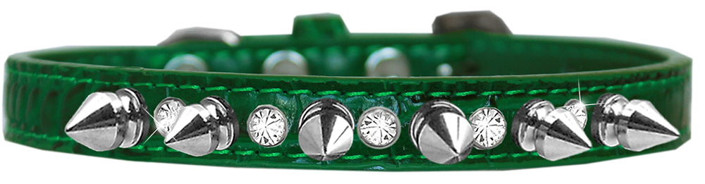 Silver Spike and Clear Jewel Croc Dog Collar Emerald Green Size 10